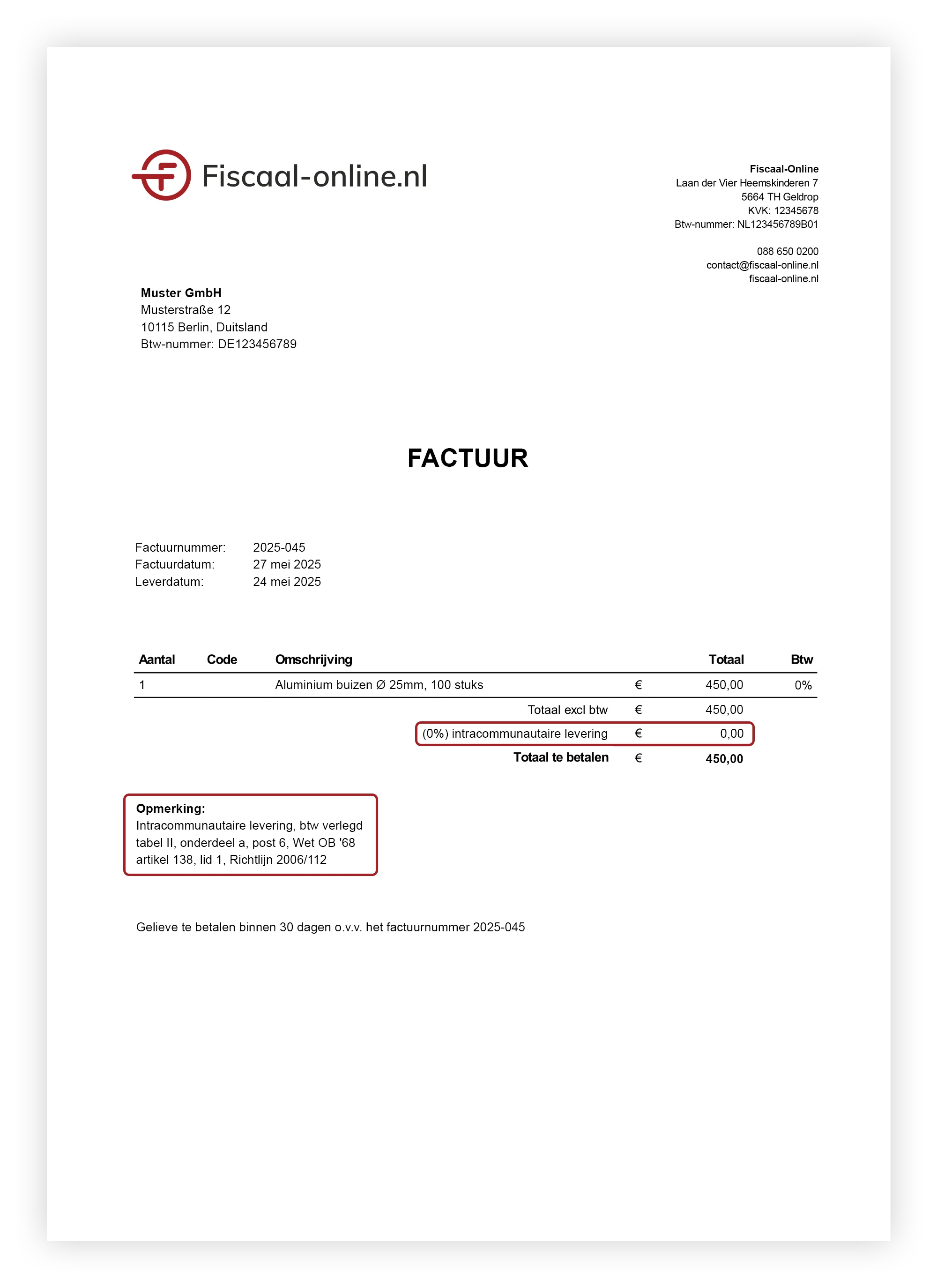 Intracommunautaire levering factuur voorbeeld Fiscaal‑online.nl
