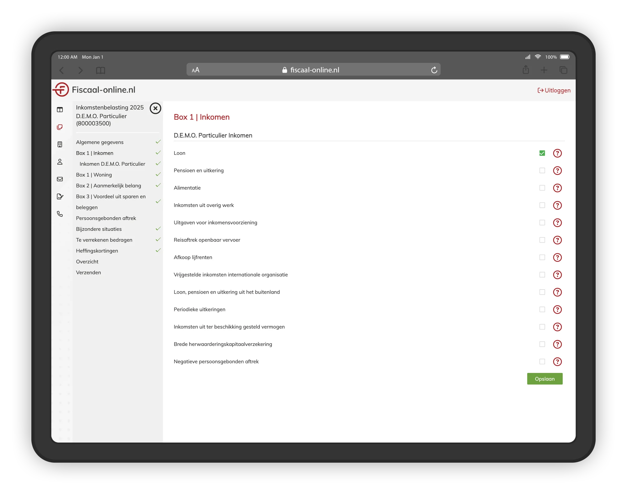 Tabletscherm van Fiscaal‑online.nl met het onderdeel box 1 inkomstenbelasting.