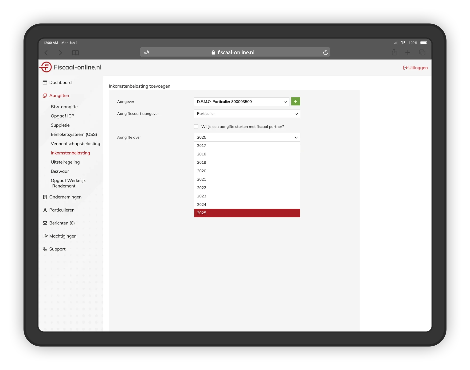 Tabletscherm van Fiscaal‑online.nl met het onderdeel inkomstenbelasting toevoegen.