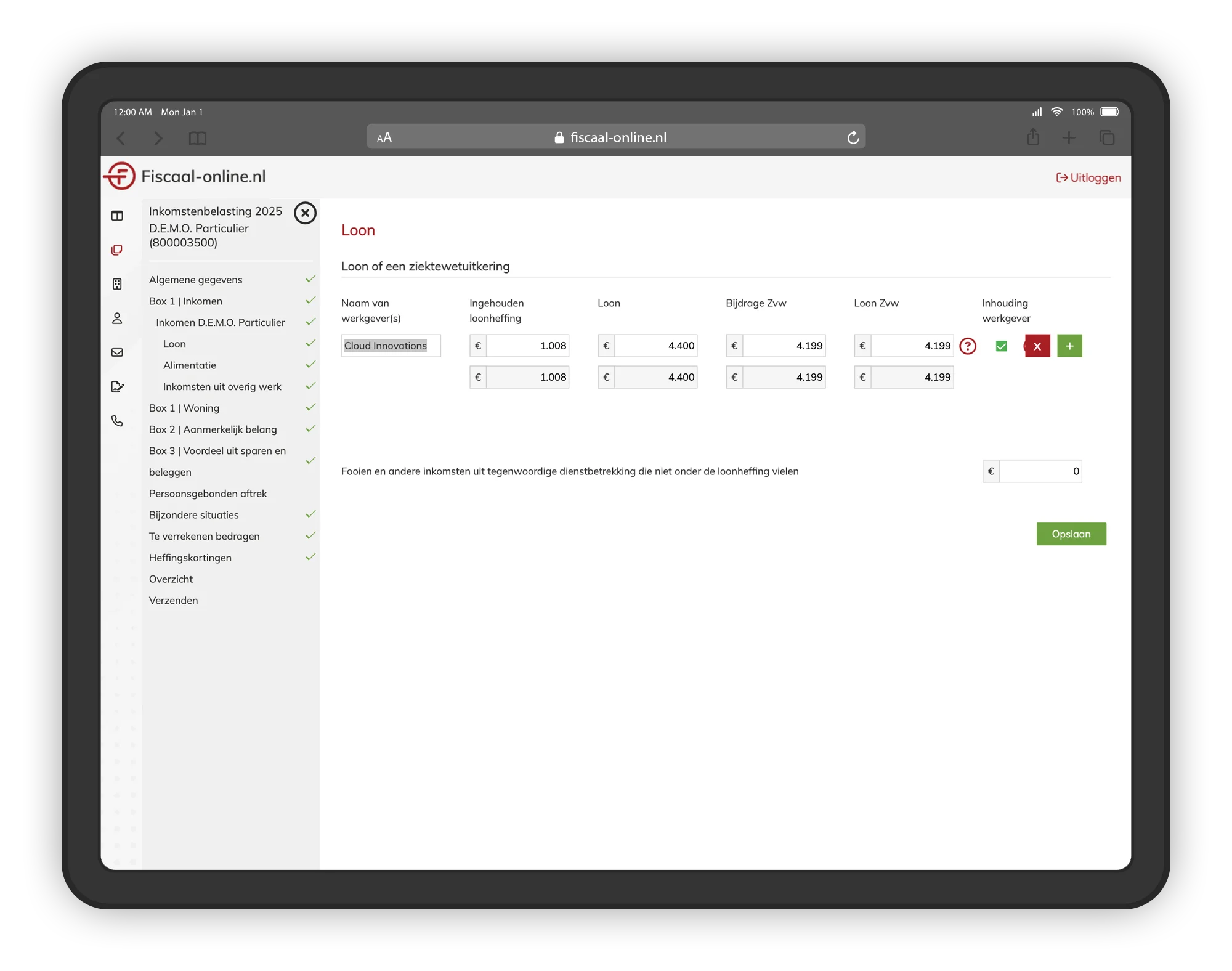 Tabletscherm van Fiscaal‑online.nl met het onderdeel inkomstenbelasting loon of een ziektewetuitkering.