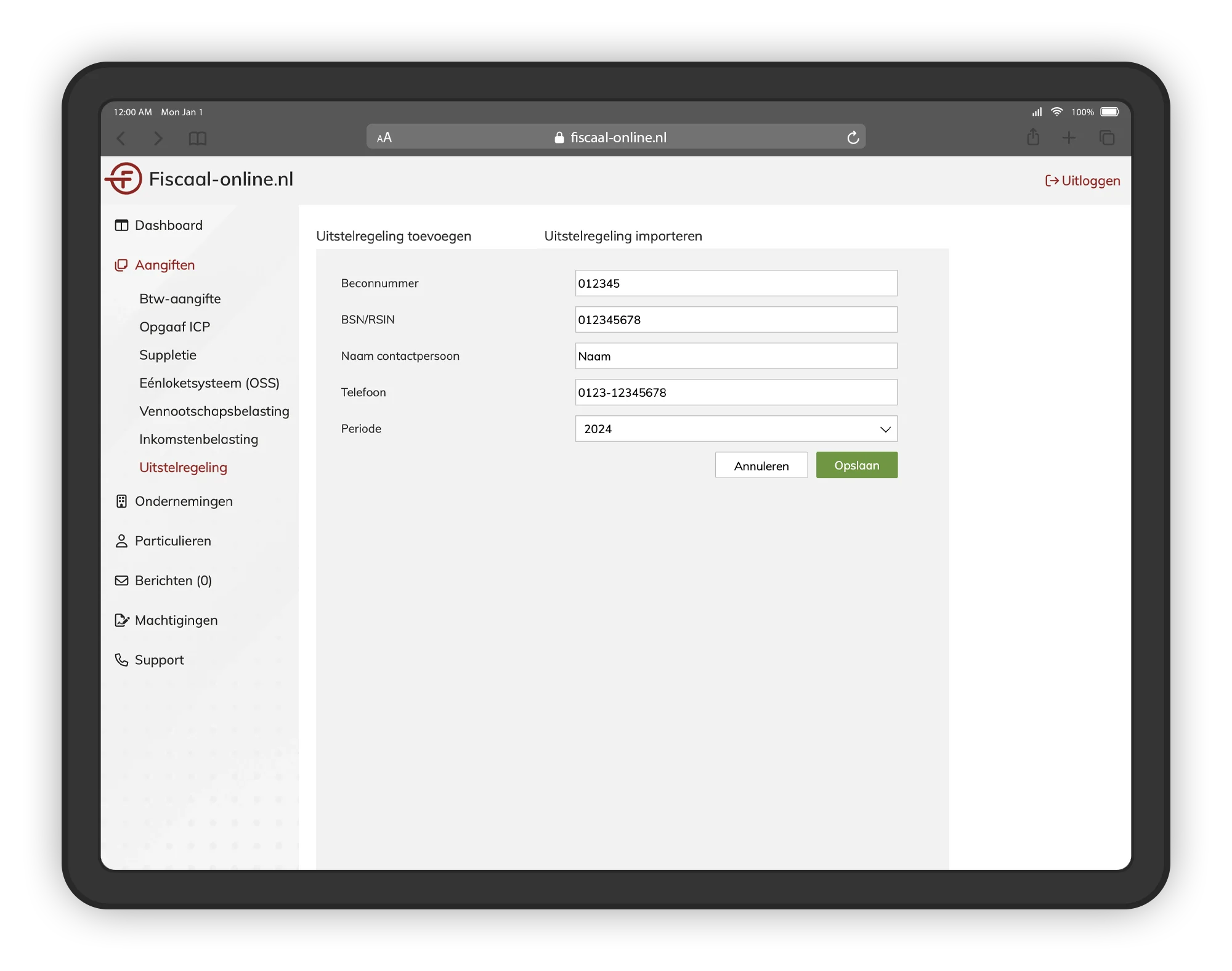 Fiscaal‑online.nl interface, waarop het formulier 'Uitstelregeling toevoegen' wordt getoond.